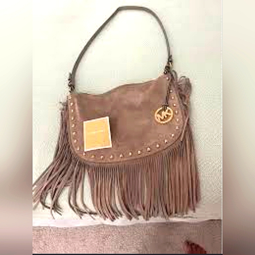 Michael Kors MK Designer Boho Tan Suede Hobo Bag with Fringe and Studded Purse - Picture 2 of 10